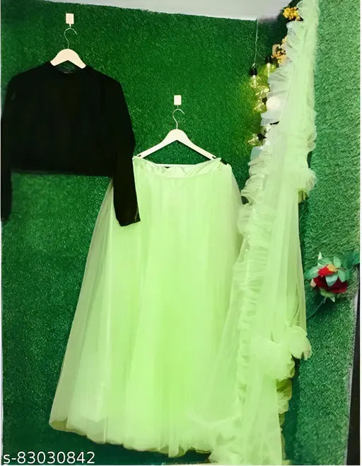 Green velvet lehenga-choli set with net bottomwear and dupatta, semi-stitched (Lehenga waist size: 44in, Lehenga length size: 48in), in Pista green color