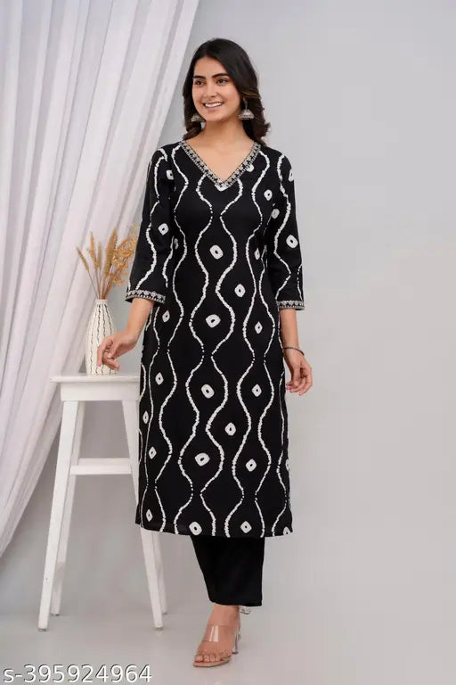 Black rayon embroidered polka dot kurta for party wear, three-quarter sleeves, printed combo - Indian fashion