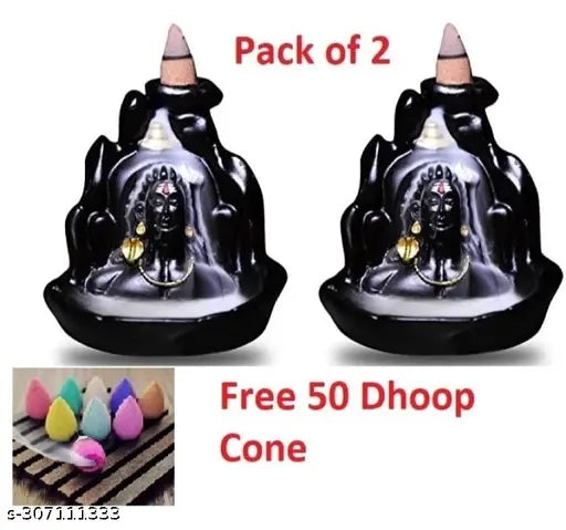 Black polyresin Adiyogi Shiva Smoke Fountain, Indian home decorative showpiece with 50 cones (2-pack), 10cm height