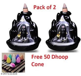 Black polyresin Adiyogi Shiva Smoke Fountain, Indian home decorative showpiece with 50 cones (2-pack), 10cm height