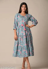 Cotton printed flared middy, three-quarter sleeves, vibrant pattern for women's fashion, single sizes available S-XXL, India-made