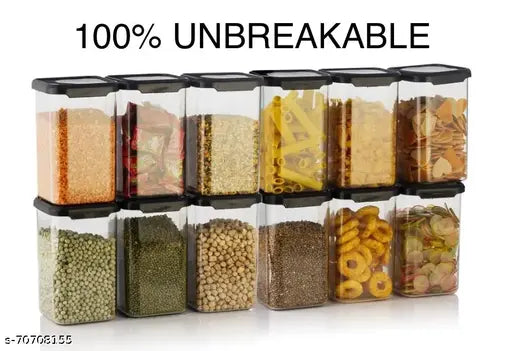 Airtight plastic square containers (1100ml), microwave & freezer safe for kitchen storage. Ideal for dry fruits, spices, and snacks organization. Pack of 12, from India