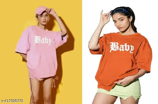 Pink and rust oversize cotton blend women's t-shirt, printed net pattern, three-quarter sleeves