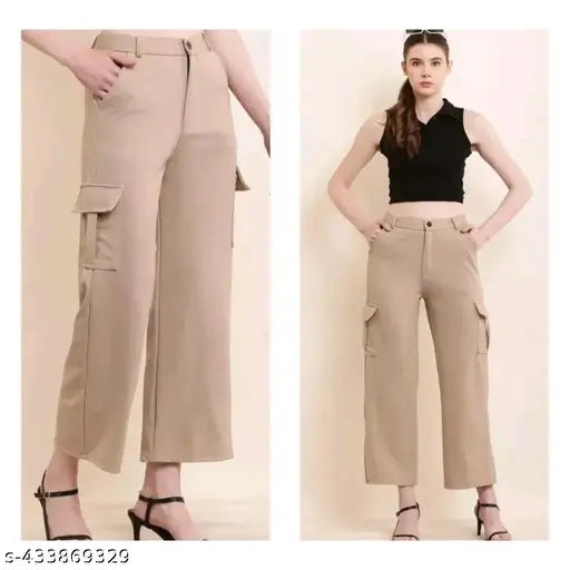 Trendy cotton blend cargo pants for women and girls, solid color with four pockets