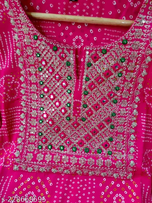 Pink Rayon Bandhej thread work yoke kurti, self-designed with mirror work on neck. Ideal for festivals, office wear, and occasional functions
