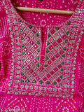 Pink Rayon Bandhej thread work yoke kurti, self-designed with mirror work on neck. Ideal for festivals, office wear, and occasional functions