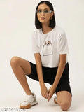 Women's white printed cotton t-shirt, short sleeves, graphic design, XS (34in bust, 17in length), India origin