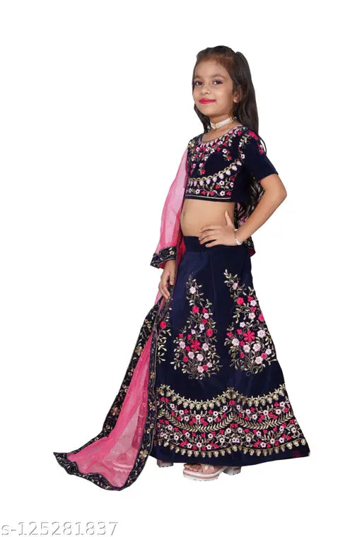 Semi-stitched velvet lehenga choli with embroidery, sleeveless and available in multiple sizes for kids (26in to 30in), Indian origin