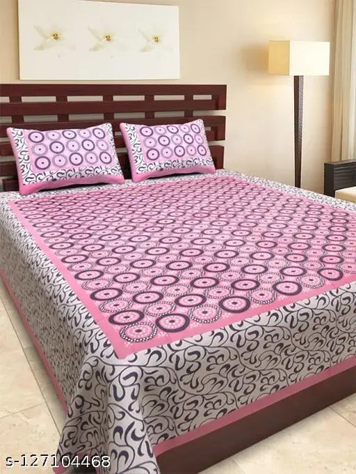 Pink 100 cotton Jaipuri traditional double bedsheet with 2 pillow covers, Indian ethnic motifs on flat sheets, perfect for summer adult use, 120 thread count