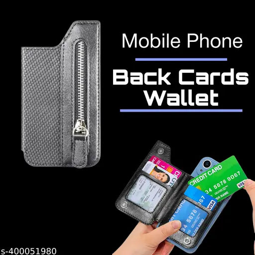 Leather stick-on wallet for phone case with snap closure. Small card holder, protective PU leather, compatible with most smartphones. Solid pattern, easy to install and remove, perfect for daily use. Made in India