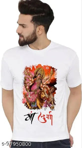 White, polyester half-sleeve round neck Navratri t-shirt with "Jai Mata Di" print, designed for men, women, and unisex. Comfortable and durable, anti-faded print, wash care instructions included