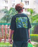 Oversized cotton graphic print men's t-shirt, bold design, three-quarter sleeves, XL (44in chest, 30in length), India origin