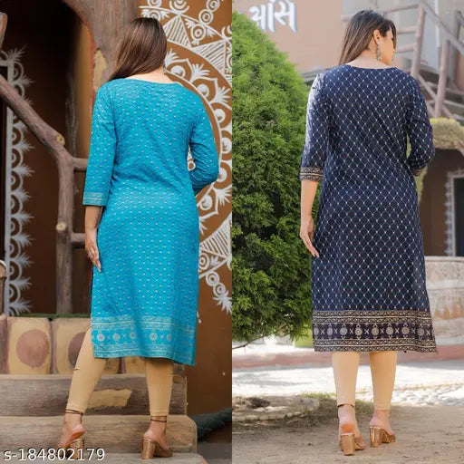 Embroidered rayon straight kurti combo pack for formal and casual wear, three-quarter sleeves, Indian fashion for women