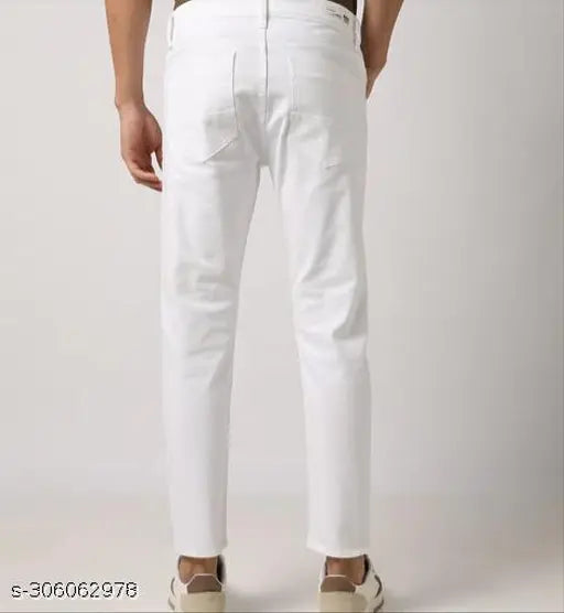 Stylish and comfortable white denim jeans for men, rustic fit and mid-rise, versatile for casual and partywear. Available in sizes 26, 28, 30, 32 (26waist39in, 28waist39in, 30waist39in, 32waist39in). India origin