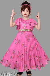 Girls' pink cotton blend ethnic gown, short sleeves with printed net pattern. India-origin girls dress pack of 1