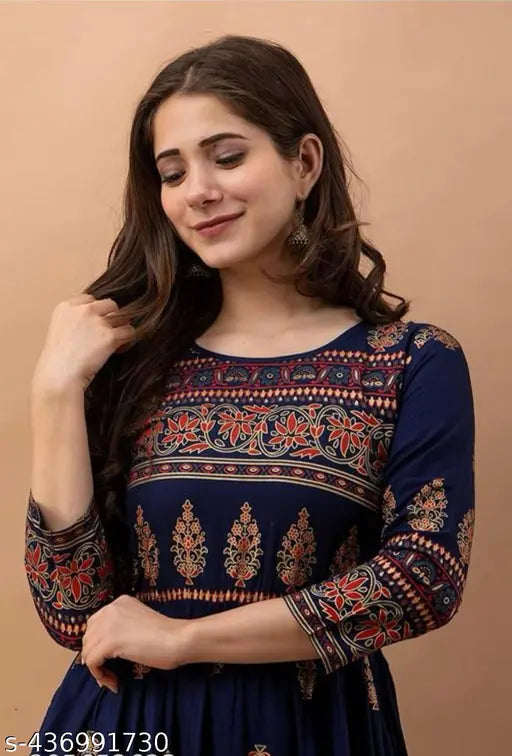 Blue rayon printed gown with three-quarter sleeves, new from India