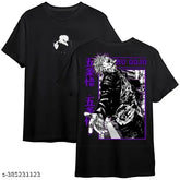 Saruto Gojo printed cotton t-shirt, round neck, short sleeves. Anime-themed men's clothing from Jujutsu Kaisen. 180 gsm, lightweight and breathable. Perfect for casual events. XS-XL sizes available. Made in India