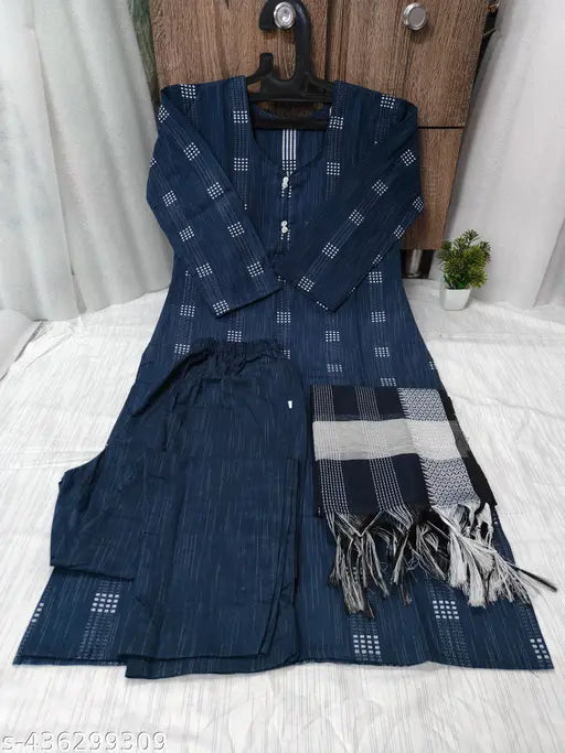 Cotton set with printed net Dupatta and pants, Indian kurta and bottomwear for women - single size XS-XXXL