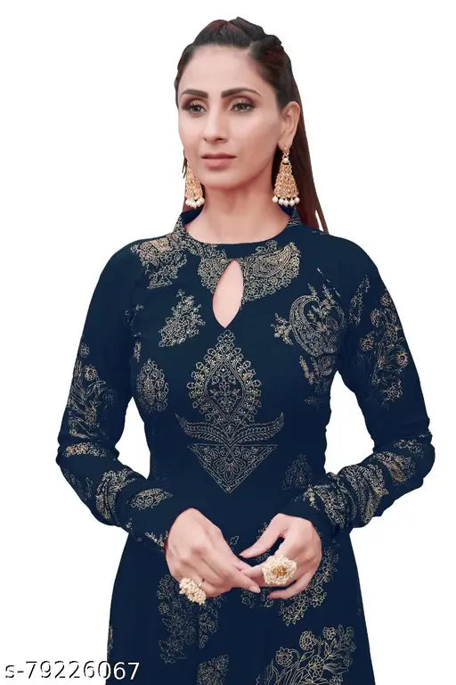 Long-sleeve rayon printed gown kurta, foil print design on Indian fabric - Women's size L (bust 40in), XL (bust 42in), XXL (bust 44in)