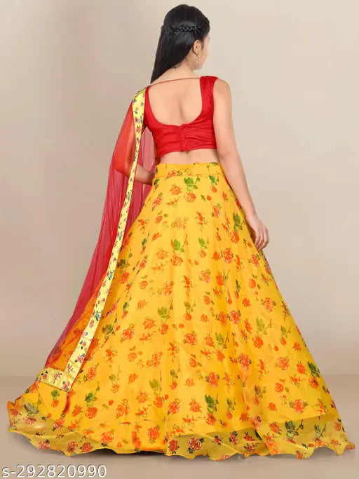 Organza net and sattin semi-stitched lehenga choli for girls, botanical print, machine washable. 9-14 years size range, half sleeve, leheriya pattern, zipper closure. Indian origin