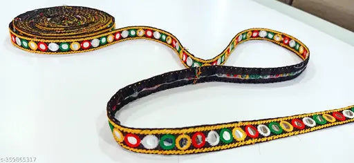 Multicolor Banjara lace trim for craft projects, self-designed net embroidery on junk journals or scrapbooking, 2cm width, black, Indian origin