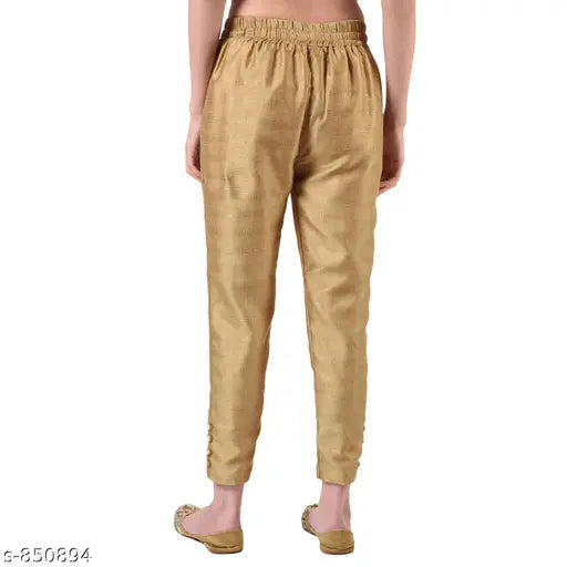Gold silk pants for women, Indian-made stylish trousers in solid pattern