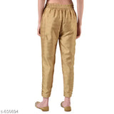 Gold silk pants for women, Indian-made stylish trousers in solid pattern