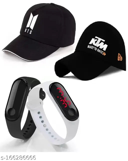 Stylish black cotton baseball caps with embroidered designs, digital LED band watch combo - Diwali gift pack for men and boys