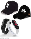 Stylish black cotton baseball caps with embroidered designs, digital LED band watch combo - Diwali gift pack for men and boys