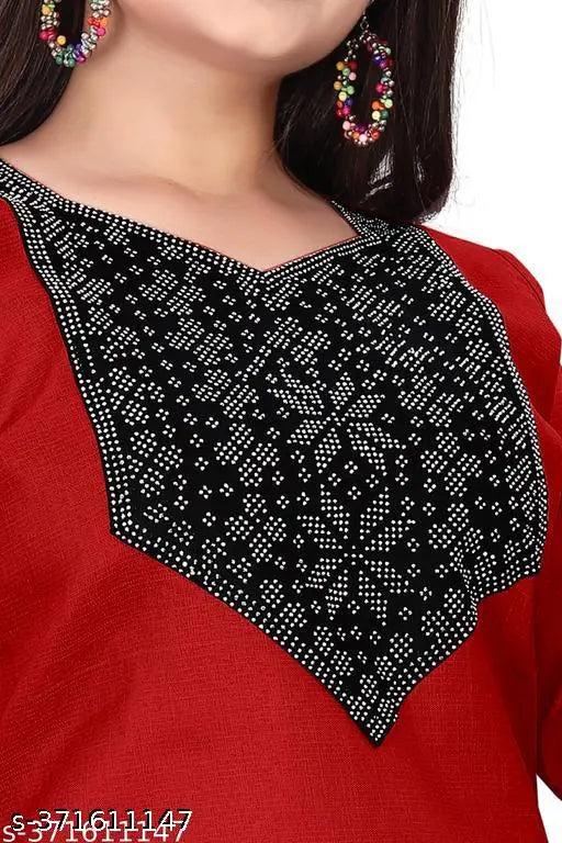 Red embroidered cotton-blend kurti for women, three-quarter sleeves, solid design, available in multiple sizes (XS - 5XL), Indian ethnic wear