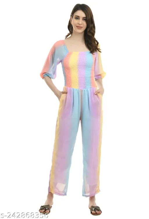 Chic georgette printed net women's jumpsuit, perfect for casual or evening wear. Trendy one-piece fashion with three-quarter sleeves, available in sizes S, M, L (India)