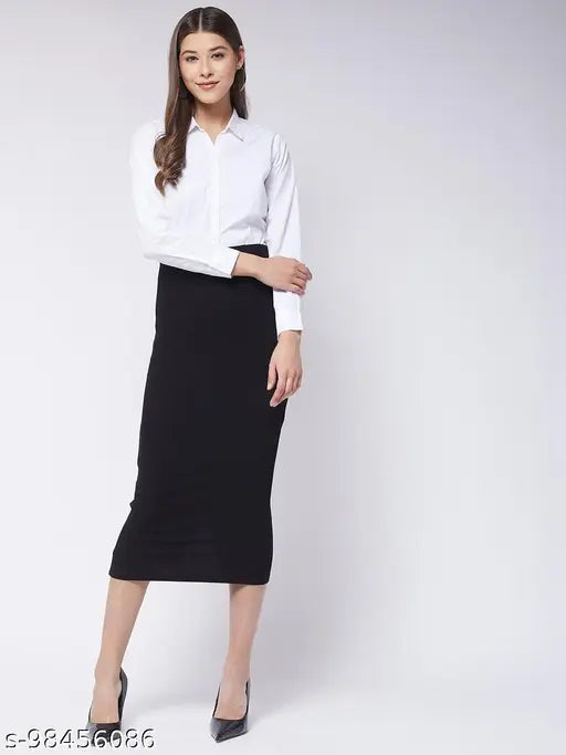 Solid polyester midi stretch skirt, versatile for sizes 26-44, Indian origin