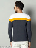 White and yellow color blocked solid full sleeve plain t-shirt, pure cotton round neck, great for gym, sports club, events. Non-shrinkable, never fades in color. Made in India