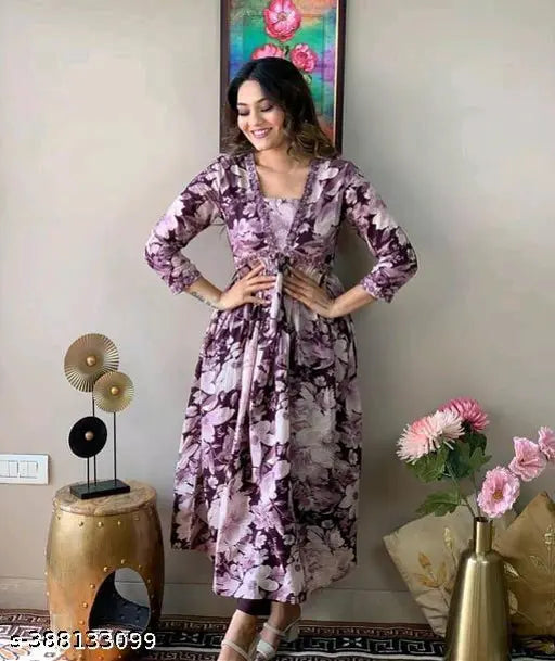 Rayon printed embroidery Alia kurti, three-quarter sleeve Indian women's kurta with intricate detailing and bold print on mannequin