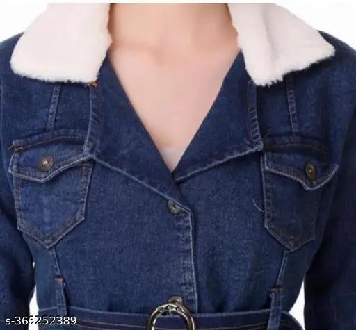 Soft denim jacket with fur trim and free belt for girls (age 10-16), made in India