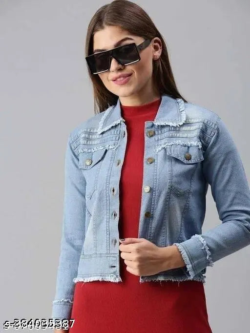Denim women's and girls' jackets, solid pattern, long sleeves, sizes: S-XL (India)