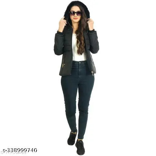 Solid nylon puffer jacket for girls winter wear, 6-12 months size on mannequin