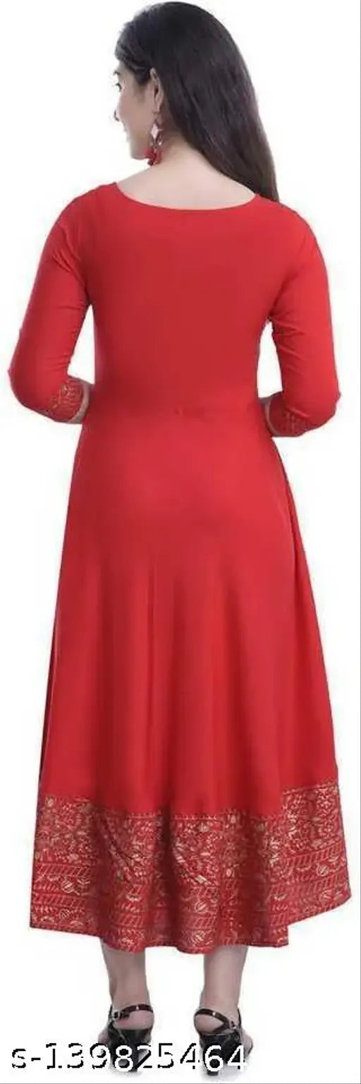 Red rayon printed angrkhi women's Haar kurti, flared style, 3/4 sleeves, gold print pattern, XL (Bust Size: 42 in, Length: 46 in)