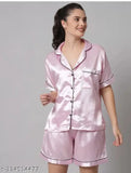 Satin women's nightwear set, short sleeves, S/M/L sizes, Indian-made sleepwear on hangar