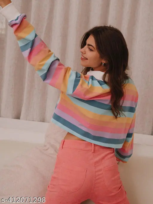 Magic rainbow striped polo crop top in Lycra, long sleeves. Multicolor tie and dye fitted design for women and teen girls