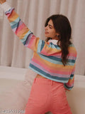 Magic rainbow striped polo crop top in Lycra, long sleeves. Multicolor tie and dye fitted design for women and teen girls
