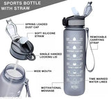 Black BPA-free plastic sipper water bottle with motivational quotes and time markers for adults at gym or office, encouraging hydration and positivity, eco-friendly, pack of 2