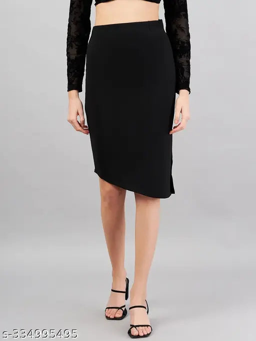 Purple polyester asymmetrical pencil skirt for women, perfect for formal occasions. Available in sizes 28, 30, 32, 34 (28in/26in/32in waist, hip size varies). Made in India