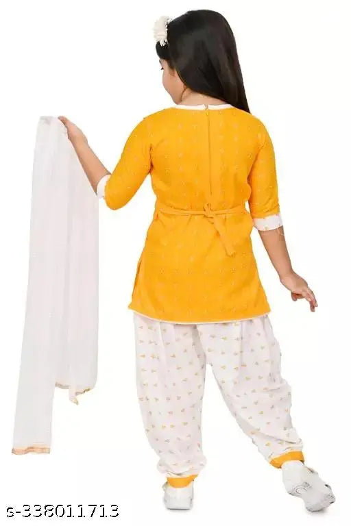Girls rayon kurta pajama set with dupatta, trendy summer wear for 1-10 years, printed design, pack of 1