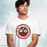 Polyester short-sleeve T-shirt featuring Jai Jagannath print, celebrating Jagannath Rath Yatra festival. Size S (36"x26"), M (38"x27"), L (40"x28"), XL (42"x29"), XXL (44"x30"). Made in India