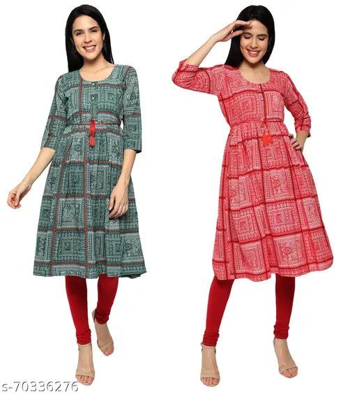 Indian-origin printed cotton Anarkali kurtis for women, 3/4 sleeves, combo pack of 2 (M-XXL bust sizes: 38in-44in)