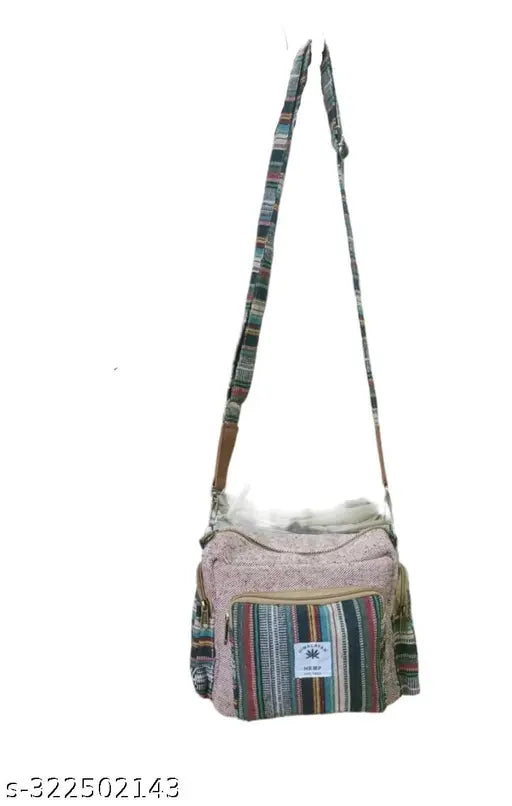 Hemp ladies sling bag, checked pattern, four compartments, free size (12in x 6in x 10in), made in India