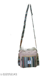 Hemp ladies sling bag, checked pattern, four compartments, free size (12in x 6in x 10in), made in India