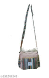 Hemp ladies sling bag, checked pattern, four compartments, free size (12in x 6in x 10in), made in India