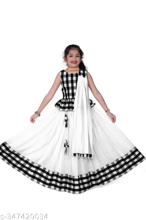 Cute comfy kids' lehenga choli, coffee-white reyon cotton blend long skirt - ethnic wear designer, sleeveless checkered design, India origin